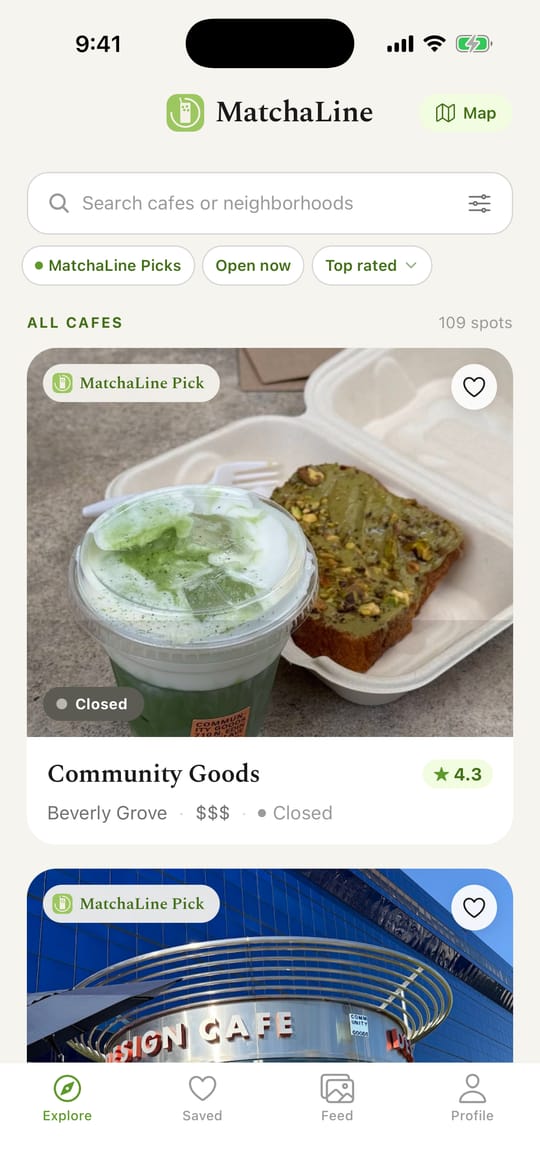 MatchaLine Explore feed: LA matcha cafés with photos and ratings
